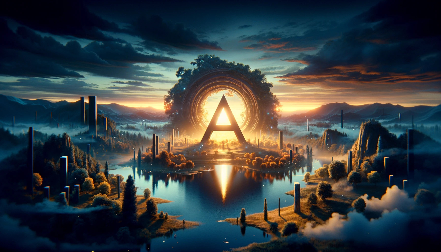 The cinematic image inspired by the theme "5 Letter Words With A in the Middle" has been created, capturing the abstract concept of balance and centrality in a serene and mystical landscape at twilight.