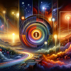 a visually compelling scene that abstractly captures the essence of 5 letter words starting with i. This scene features a series of interconnected yet distinct segments, each representing themes or concepts associated with such words, beginning with an innovative or iconic symbol for "i". The landscape transitions from dawn to dusk, guiding viewers through a narrative filled with intrigue, intelligence, intensity, and imagination. This artistic interpretation is designed to evoke discovery and the rich diversity of meanings behind words starting with "i".