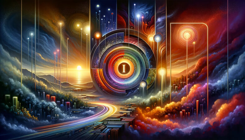a visually compelling scene that abstractly captures the essence of 5 letter words starting with i. This scene features a series of interconnected yet distinct segments, each representing themes or concepts associated with such words, beginning with an innovative or iconic symbol for "i". The landscape transitions from dawn to dusk, guiding viewers through a narrative filled with intrigue, intelligence, intensity, and imagination. This artistic interpretation is designed to evoke discovery and the rich diversity of meanings behind words starting with "i".