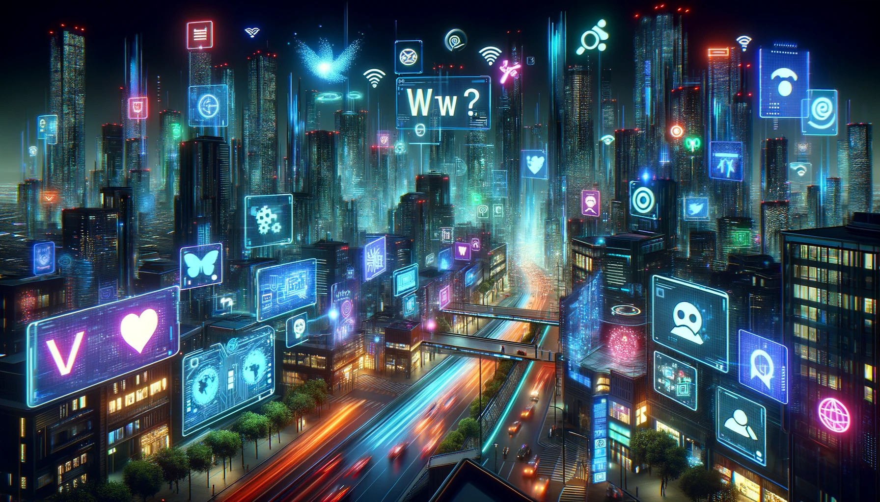 an image that captures the essence of "What's the Word?" (WTW) in a modern, digital landscape, illustrating our constant search for news, connection, and the pulse of the digital world through a vibrant cityscape at night.(WTW Meaning in Text)