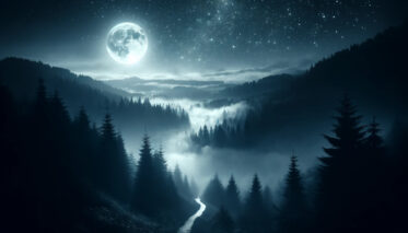 the cinematic image inspired by the concept of "5 Letter Words Ending in E." It features a mystical and enchanting nighttime scene with a moonlit, fog-covered forest and a winding path leading into the distance, under a star-filled sky. This scene invites the viewer into a hidden world filled with quiet anticipation and magic.