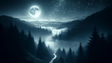 the cinematic image inspired by the concept of "5 Letter Words Ending in E." It features a mystical and enchanting nighttime scene with a moonlit, fog-covered forest and a winding path leading into the distance, under a star-filled sky. This scene invites the viewer into a hidden world filled with quiet anticipation and magic.