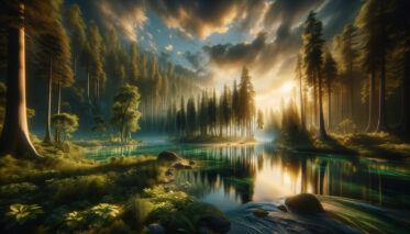 A cinematic image inspired by the concept of "5 Letter Words With A and E." It depicts a serene and beautiful landscape with a lush green forest and a small lake reflecting the sky. The setting sun casts golden hues across the scenery, enhancing the natural beauty and tranquility of this untouched paradise.