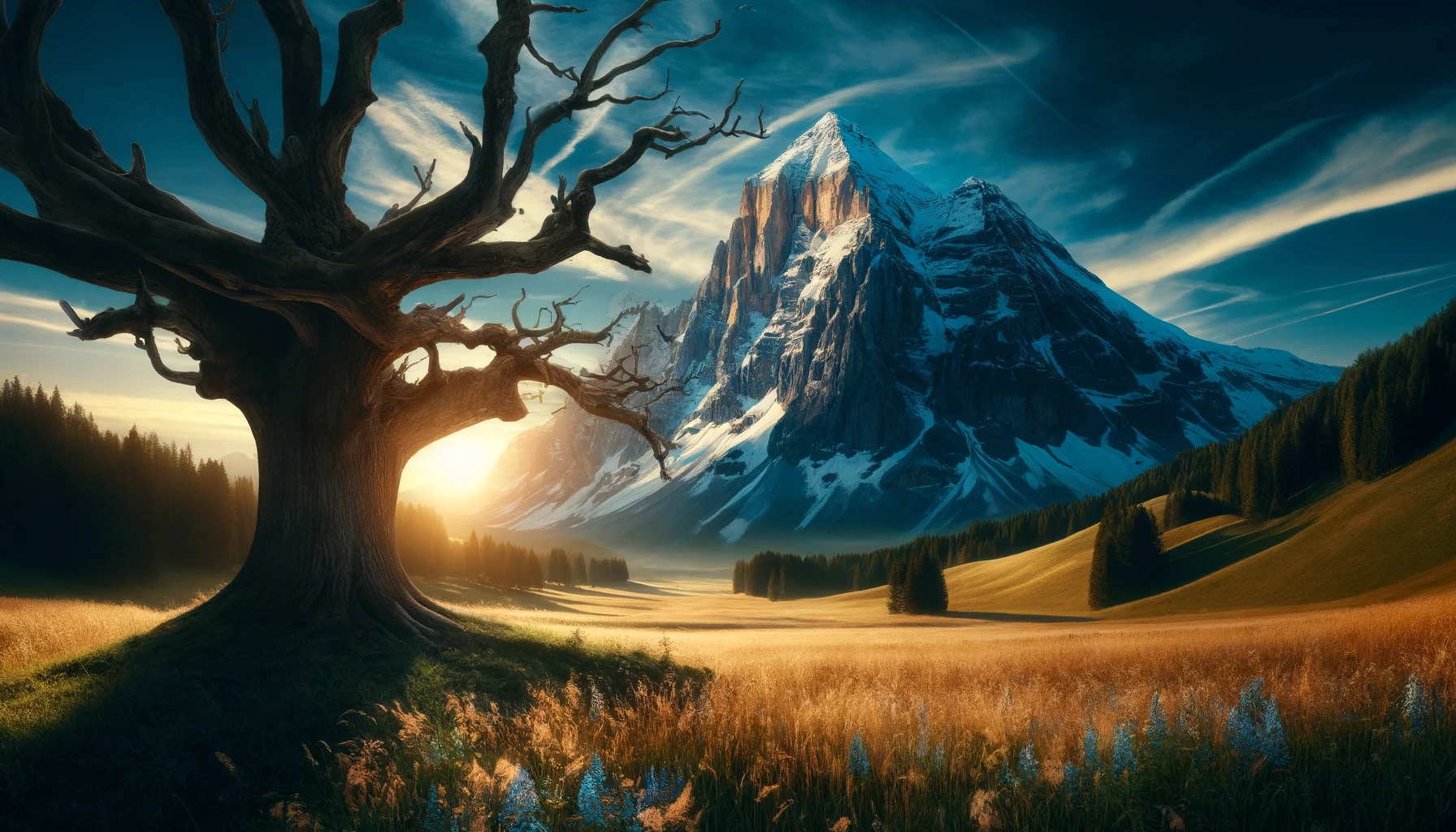the cinematic image inspired by words that start with 'A'. The scene features a majestic alpine peak under an azure sky, an ample field with wildflowers, and an ancient tree in the foreground, all bathed in golden sunset light. (5 Letter Words Starting With A)