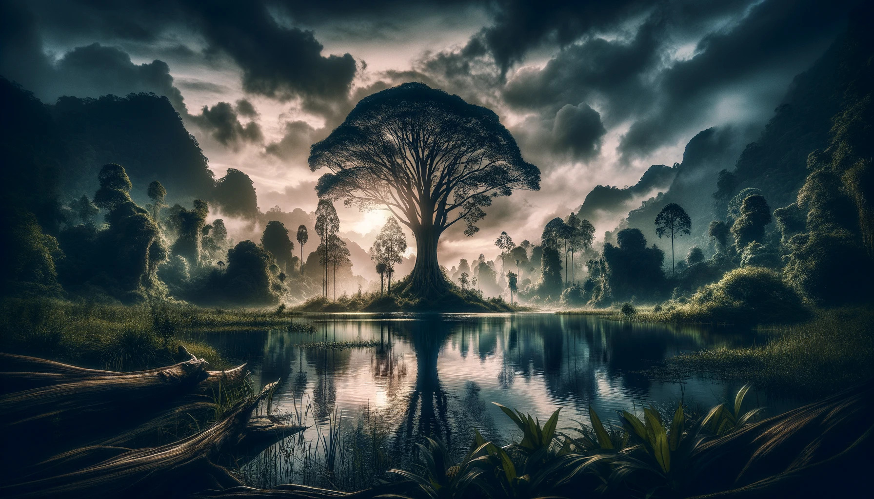 the cinematic image inspired by words that start with 'T'. The scene captures a towering tree by a tranquil lake, surrounded by a thicket in a twilight setting. This composition aims to evoke a sense of serenity and grandeur.